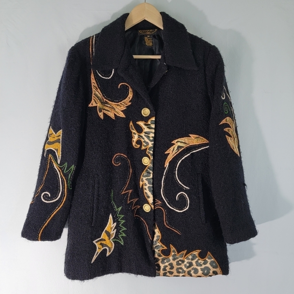 VTG Alex Kim Black Tapestry Blazer Sz M Button-Up Artsy Boho Y2K Career Office - Picture 12 of 12